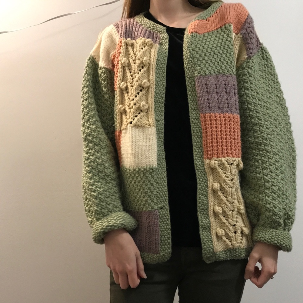 Vintage hand-knit pastel patchwork cardigan